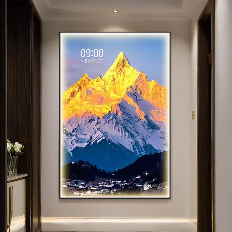 日照金山入户玄关装饰画正对门带灯钟表挂钟客厅挂画时钟挂墙壁画