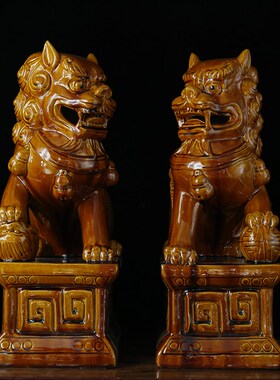 狮子摆件陶瓷镇宅看门大门口一对小号大号家用招财青石瓷摆设陶瓷