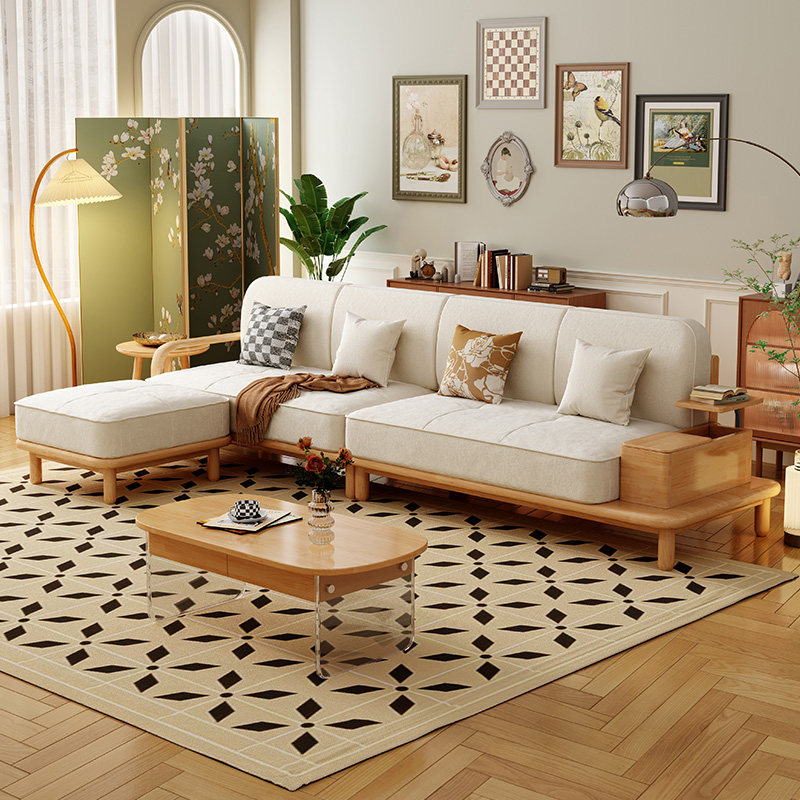 卡答日式原实木侘寂风客厅直排四人位沙发小户型布艺转角贵妃组合