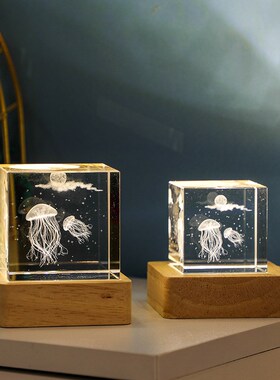 水晶方体内雕摆件3D立体海豚海星水母立方体工艺品小夜灯摆件