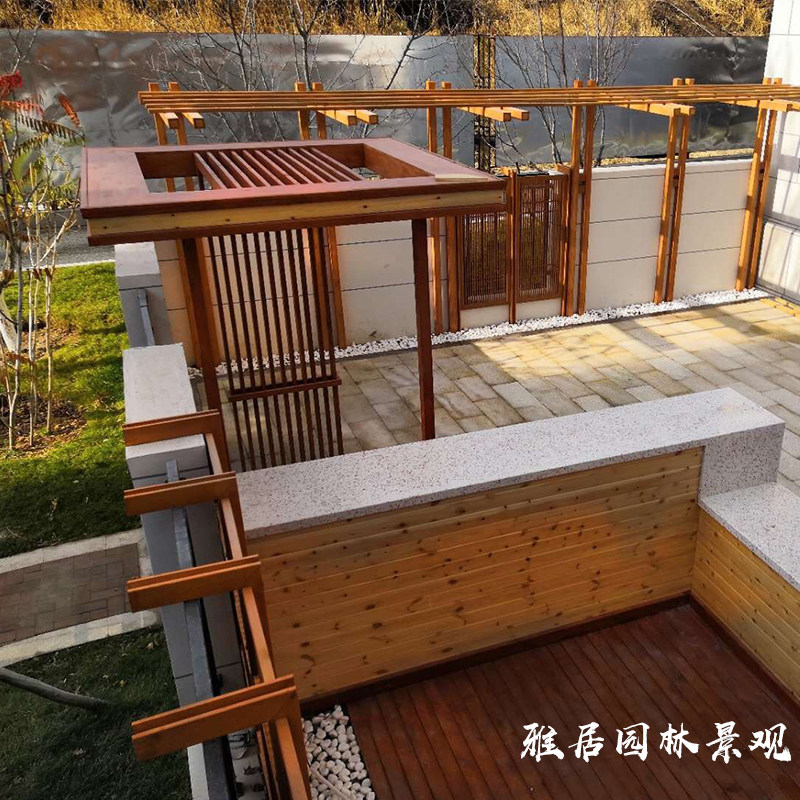 天津菠萝格防腐木地板栅栏户外露台塑木板小院葡萄架庭院设计安装
