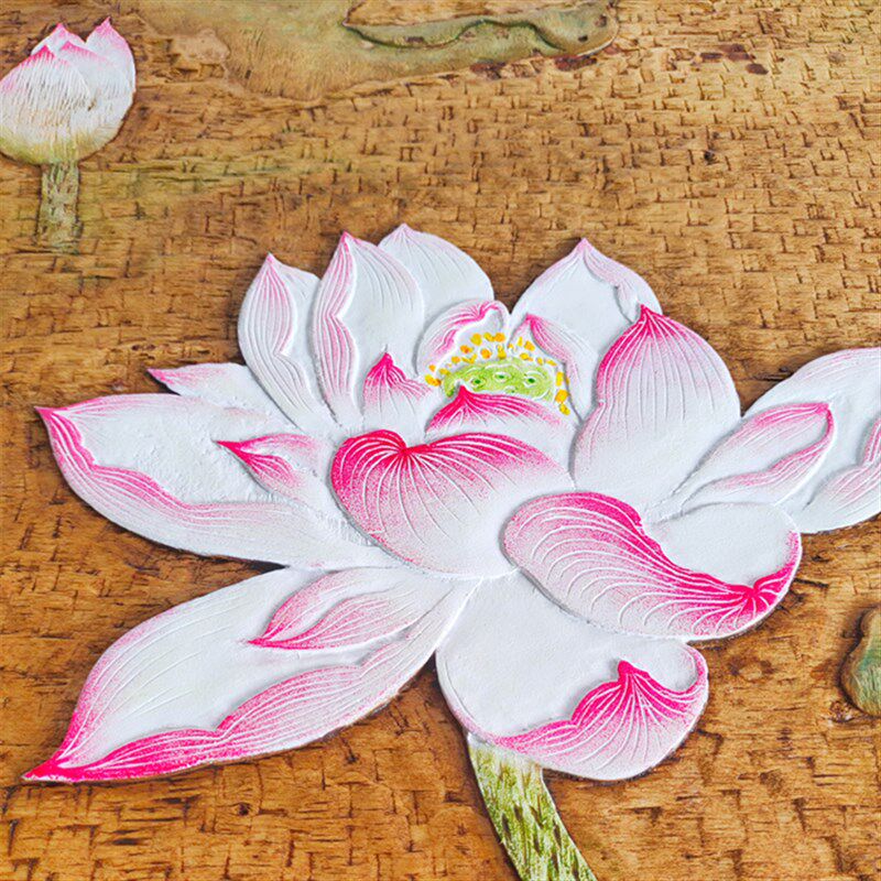 荷花莲花实木雕刻手工木刻版画立体浮雕彩绘客厅背景墙装饰壁挂画