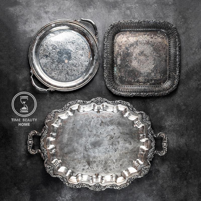 8.12 T组 精品 西式古董复古VINTAGE 镀银带把大餐盘 家居旧物