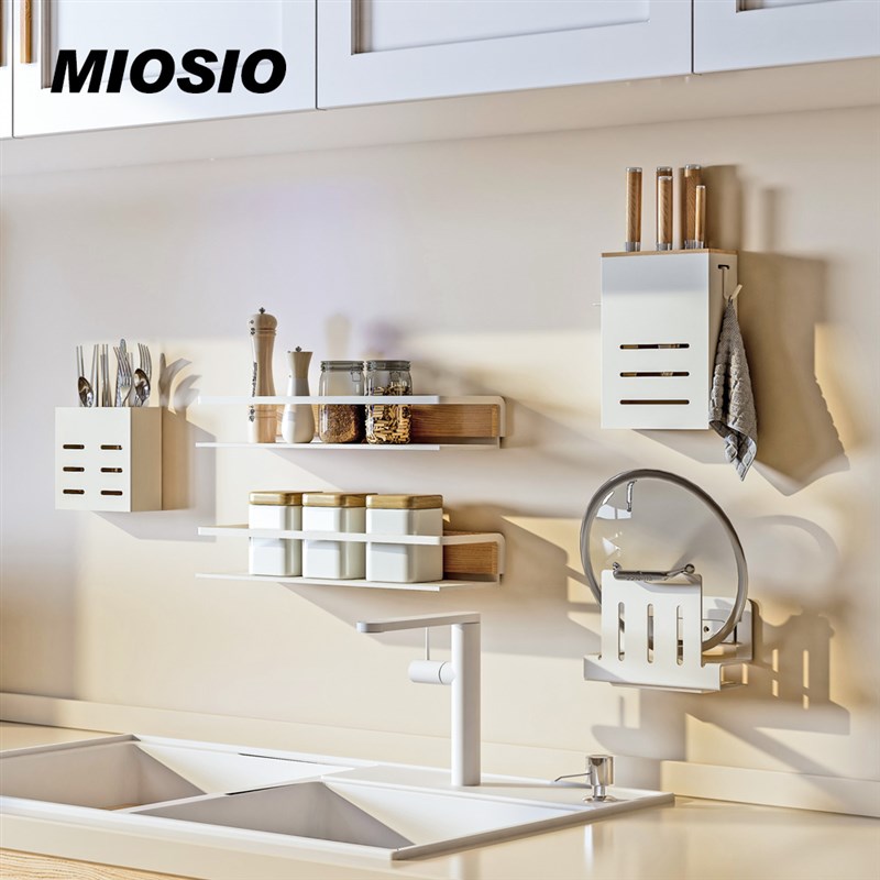 miosio奶油风厨房置物架调料架免打孔壁挂式刀架锅盖筷勺子收纳架