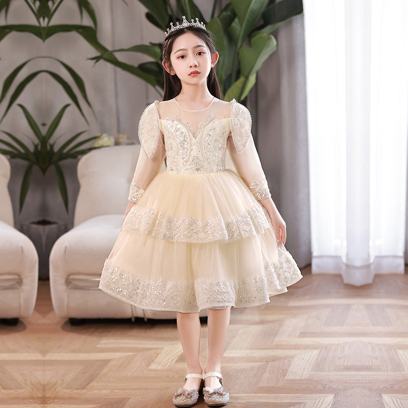 女童生日礼服公主裙蓬蓬纱长袖花童婚纱主持人儿童钢琴演出服夏季