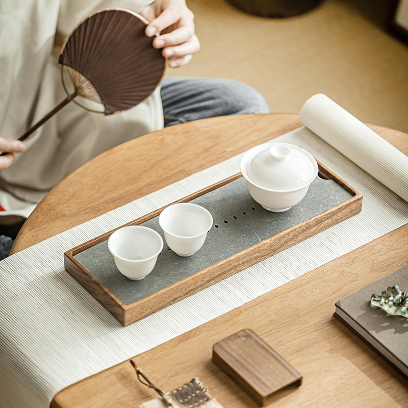 高级灰双层简约茶盘小型纯铝干泡台琥珀木实木家用一人蓄水小茶台