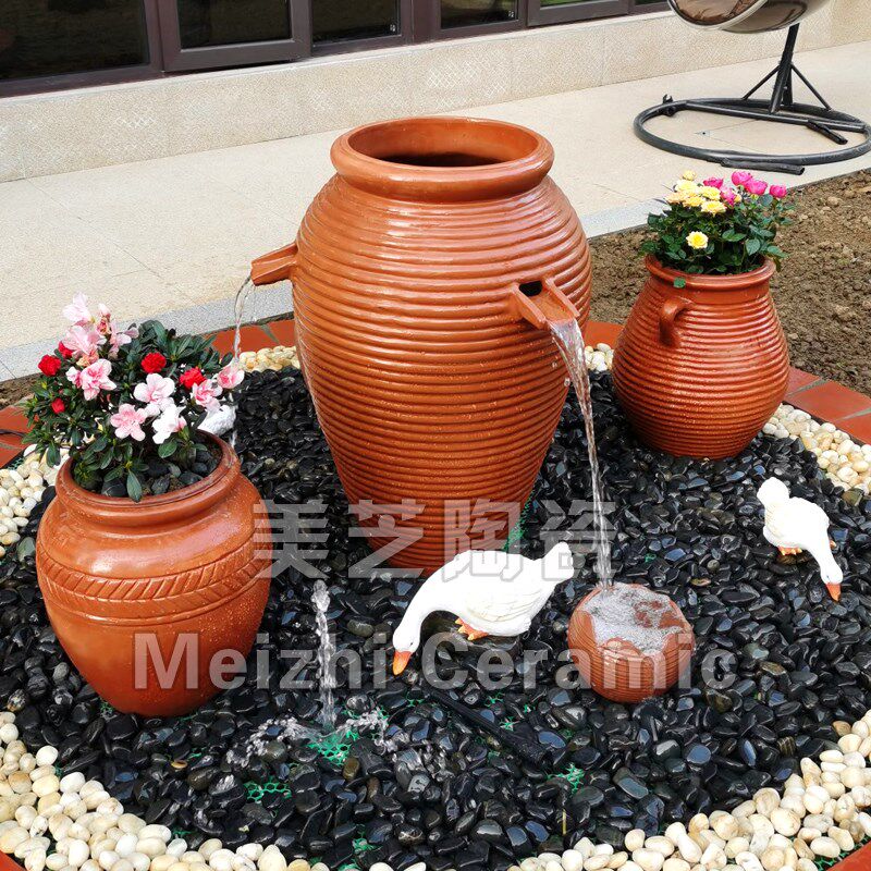 户外喷水池带嘴流水陶罐组合庭院大号陶盆红陶花盆粗陶花瓶喷泉瓶