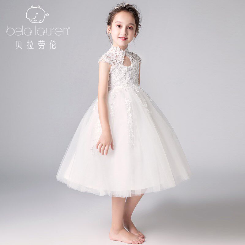 白色公主裙女童婚纱裙生日晚礼服秋季小主持人儿童钢琴演出服花童