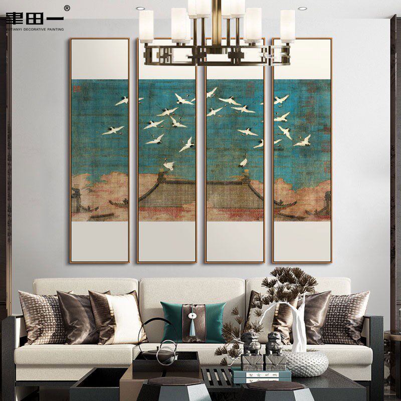新中式客厅组合装饰画茶室禅意瑞鹤吉祥寓意壁画展厅书房古典挂画