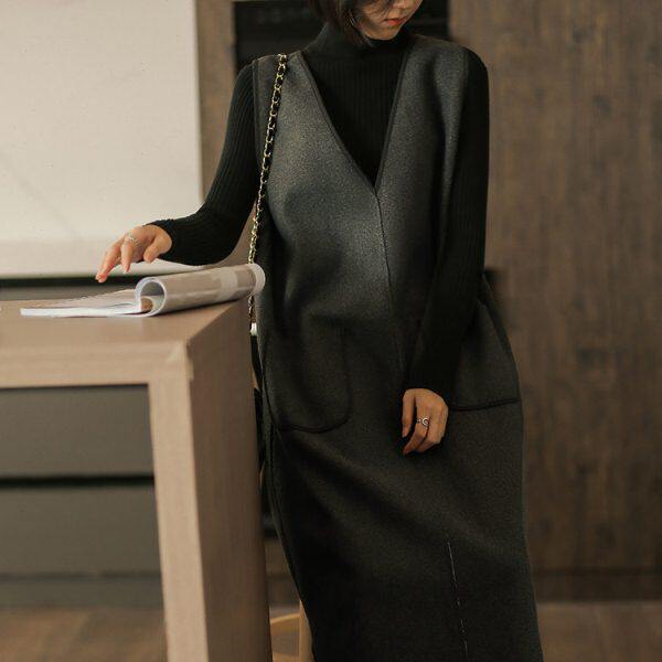 无谓打底背心裙2023秋冬毛呢女装长款马甲裙无袖气质呢子连衣裙女