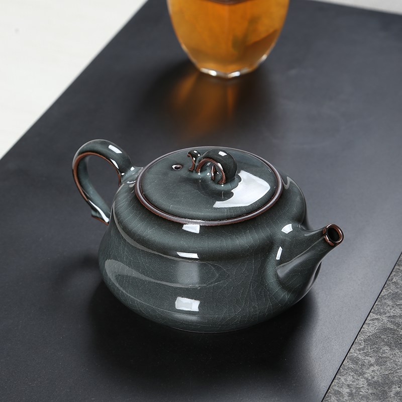 青瓷哥窑铁胎冰裂纹开片茶壶单壶陶瓷功夫茶具家用大号泡茶器送礼