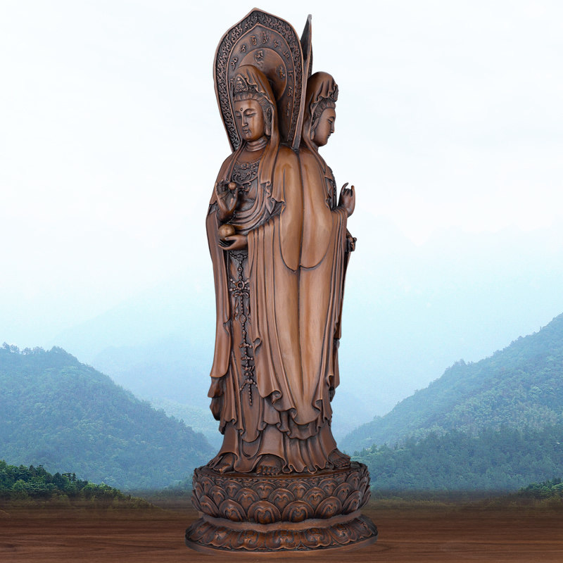 紫铜三亚南山三面观音佛像纯铜普陀山南海观世音菩萨家用供奉摆件