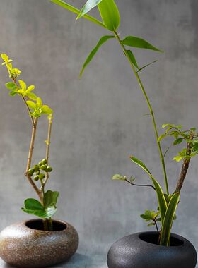 剑山插花器中式禅意插花器皿日式花盆仿鹅卵石复古陶瓷水养草花道