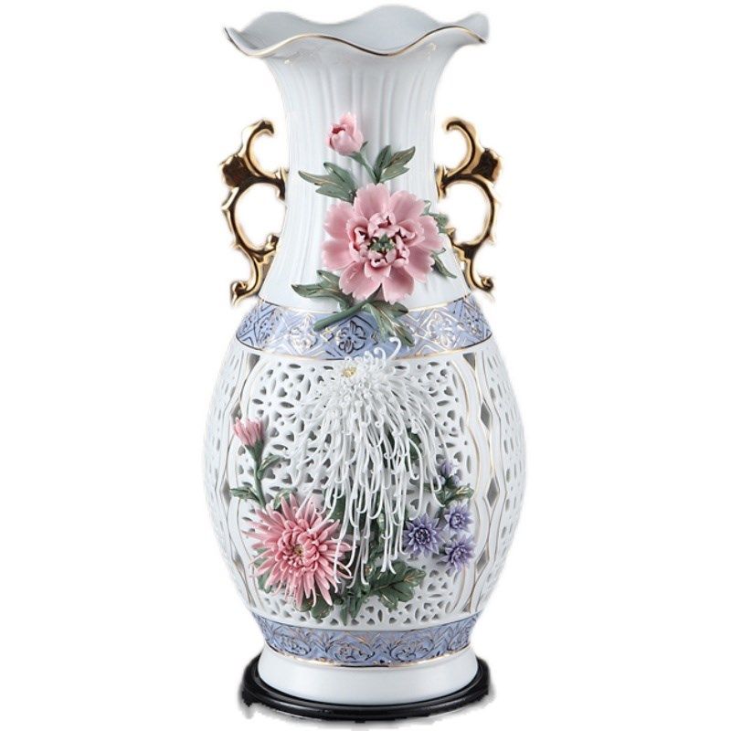 中式陶瓷艺术品镂空花瓶摆件中国风家居工艺品潮州通花瓶送人礼品