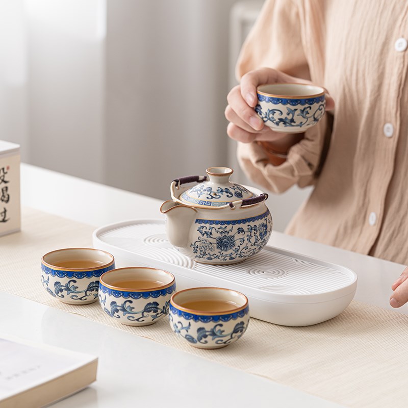 敦铭堂青花汝窑旅行茶具套装便携式一壶两杯快客杯户外一人泡茶杯