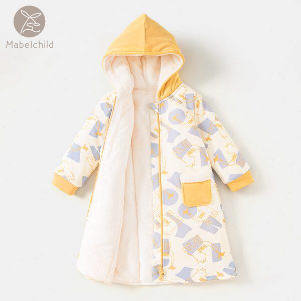 宝宝睡袍秋冬纯棉男女童连帽睡袋防踢家居服保暖拉链睡裙婴儿睡衣