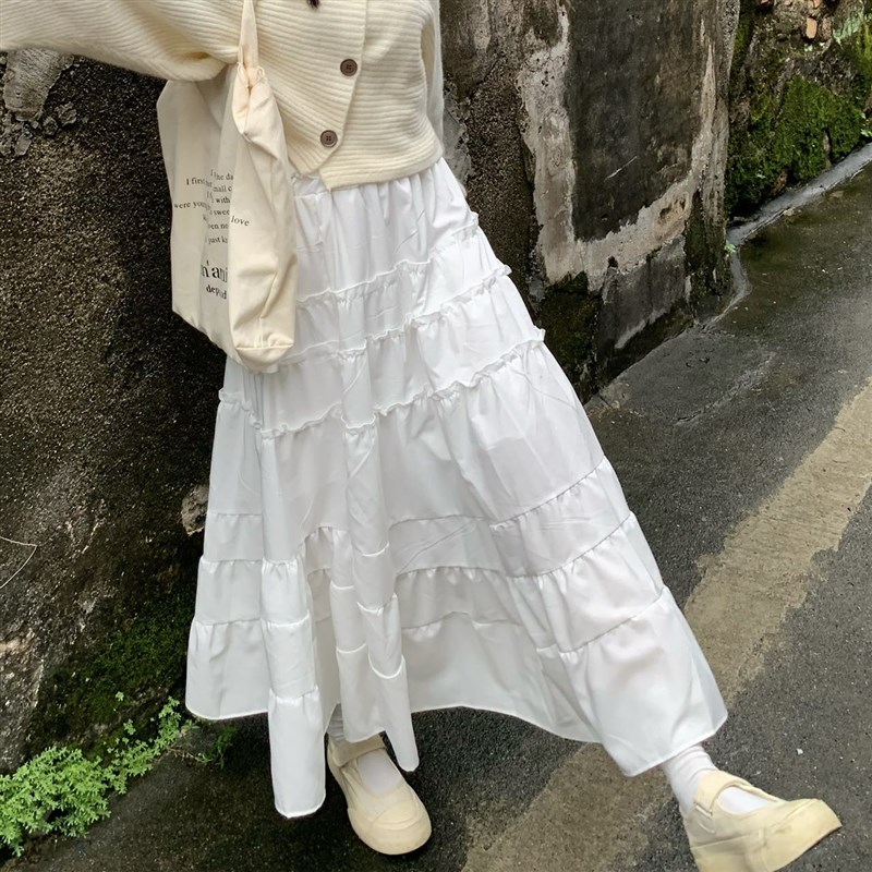 法式甜美风白色蛋糕裙设计感松紧腰宽松a字中长款百褶仙女长裙字