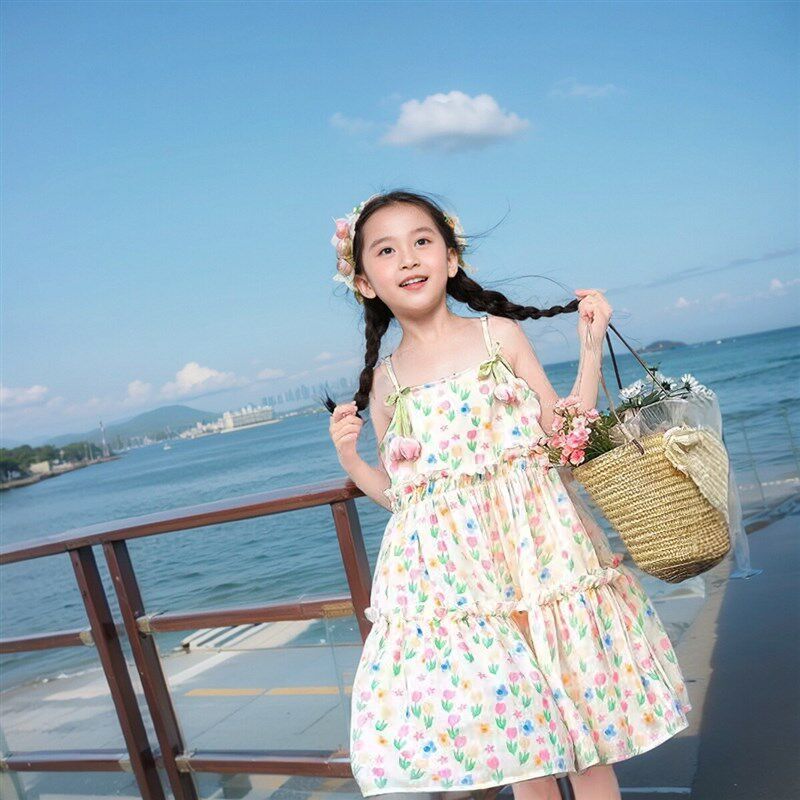 女童连衣裙甜美夏装2024新款沙滩裙夏季小女孩吊带裙儿童洋气裙子