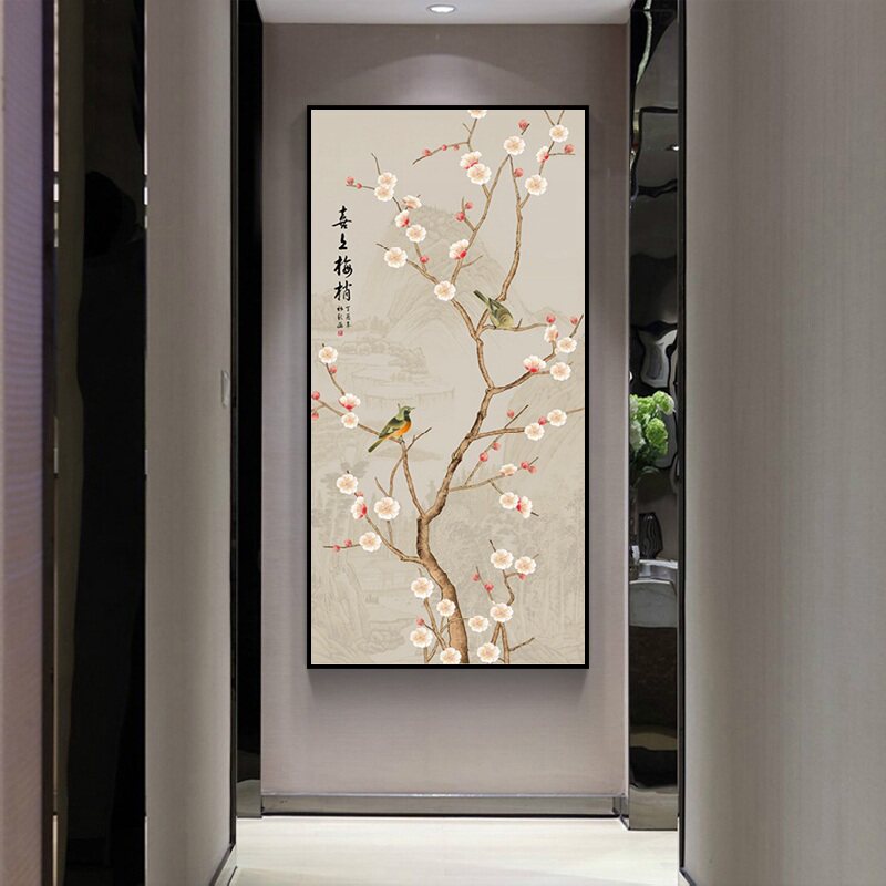 新中式玄关装饰画竖款花鸟工笔挂画中国风壁画客厅走廊楼梯有框画