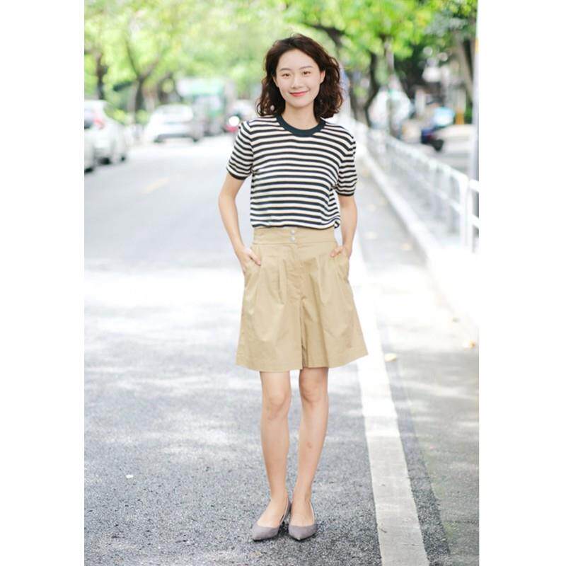 高腰松紧腰五分a字短裤卡其色休闲宽松工装裤女款夏季薄款