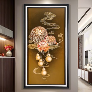 玄关入户新中式装饰壁画手工雕刻铜版画高档大气五福临门葫芦竖版