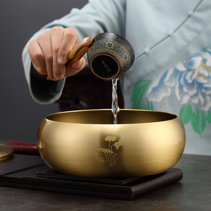纯铜茶洗带盖大号水洗杯洗特大日式家用禅意水盂茶缸建水杯洗笔洗
