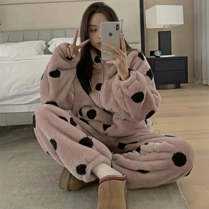 秋冬季波点睡衣女士加厚加绒毛绒保暖居家服套装拉链设计长袖冬服