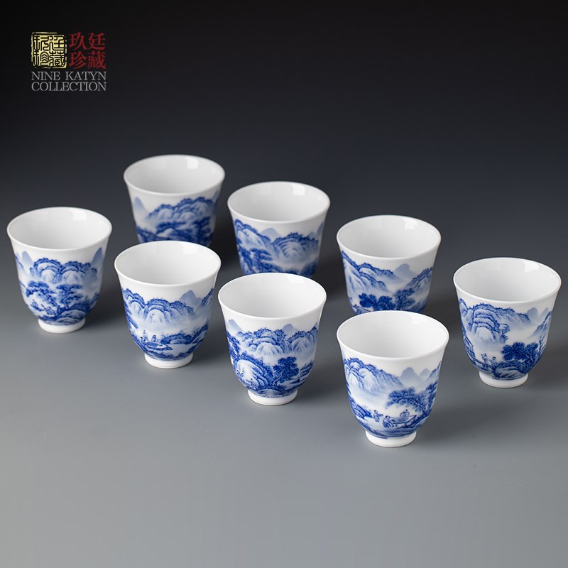 玖廷手绘青花瓷陶瓷茶杯白瓷品茗主人杯茶具套装景德镇高档小茶杯
