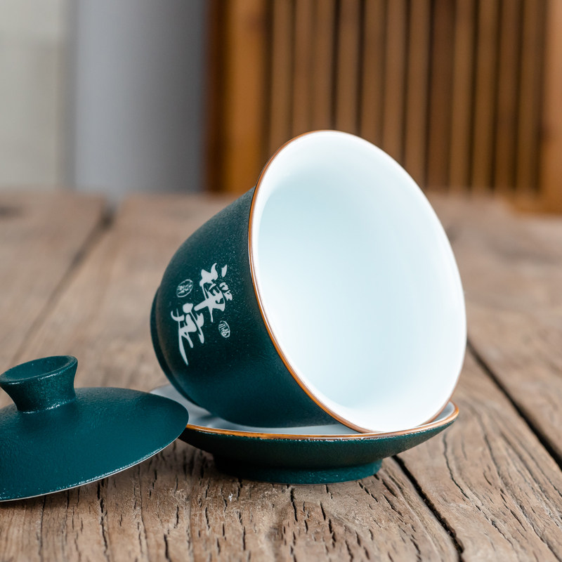 定制logo刻字三才碗盖碗大茶杯单个陶瓷茶碗带盖功夫茶具套装茶盏