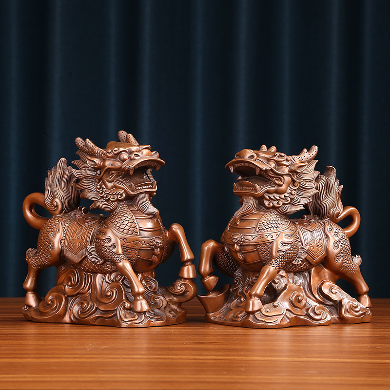 紫铜麒麟摆件一对中式家居办公室装饰品铜工艺品公司开业乔迁礼品