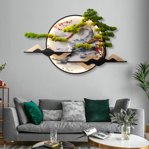 新中式背景墙装饰画客厅茶室玄关迎客松带灯立体挂画