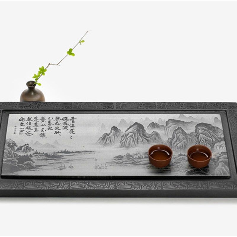 天然石材乌金石茶盘 家用 简约创意石茶盘 大小茶海 影雕石茶盘