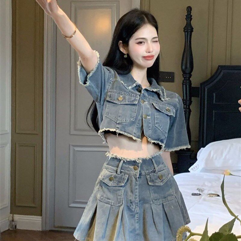 2023复古水洗毛边短款牛仔套装女夏季高腰半身裙短裙子小众两件套
