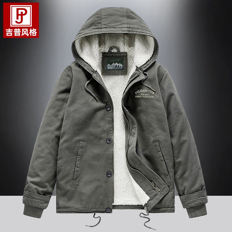 冬季连帽羊羔绒棉衣外套男士加绒加厚保暖棉服中青年复古工装夹克