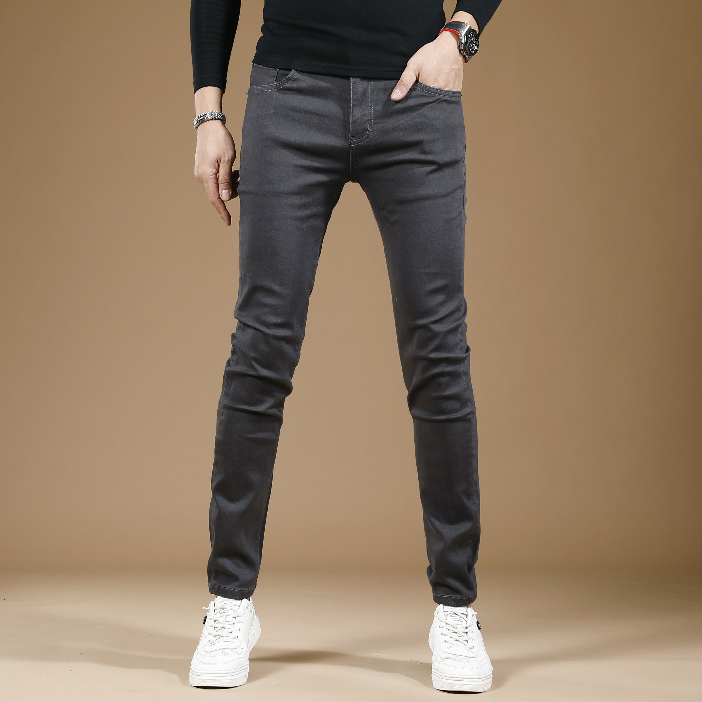 春秋季牛仔裤男款修身小脚弹力2023新款高档休闲男士裤子百搭灰色