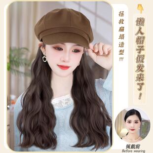 秋冬款帽子假发一体时尚八角帽女百搭洋气水波纹假发帽子自然逼真