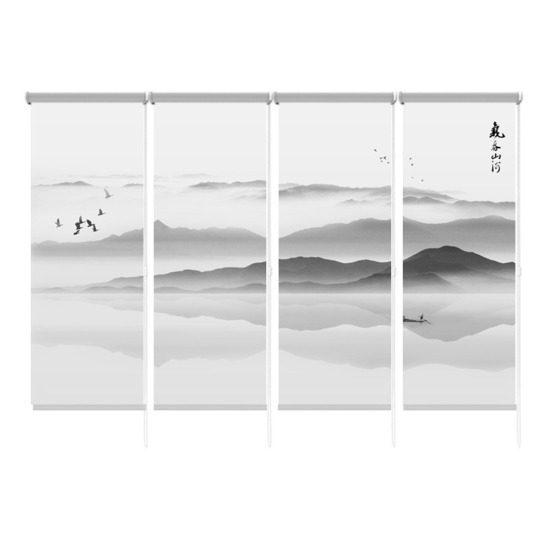 新中式窗帘窗户卷帘悬挂式房间软屏风隔离拉帘挂画半遮光遮阳电动