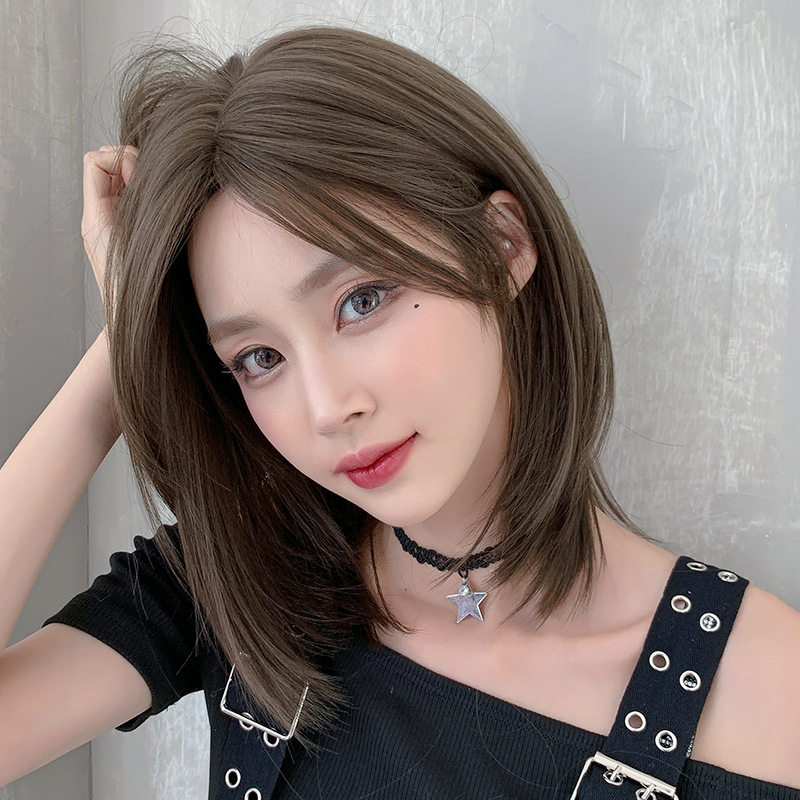 自然中分短直潮款假发 套头式蓬松锁骨少女发型全头套假发女