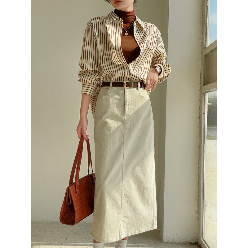 白色灯芯绒半身裙女2024年秋冬新款高腰直筒包臀中长款开叉一步裙