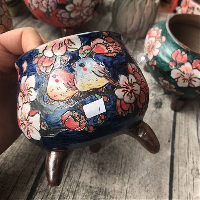 思密达创意韩式手工雕刻三脚带足高温釉烧粗陶泥多肉肉中号花盆器