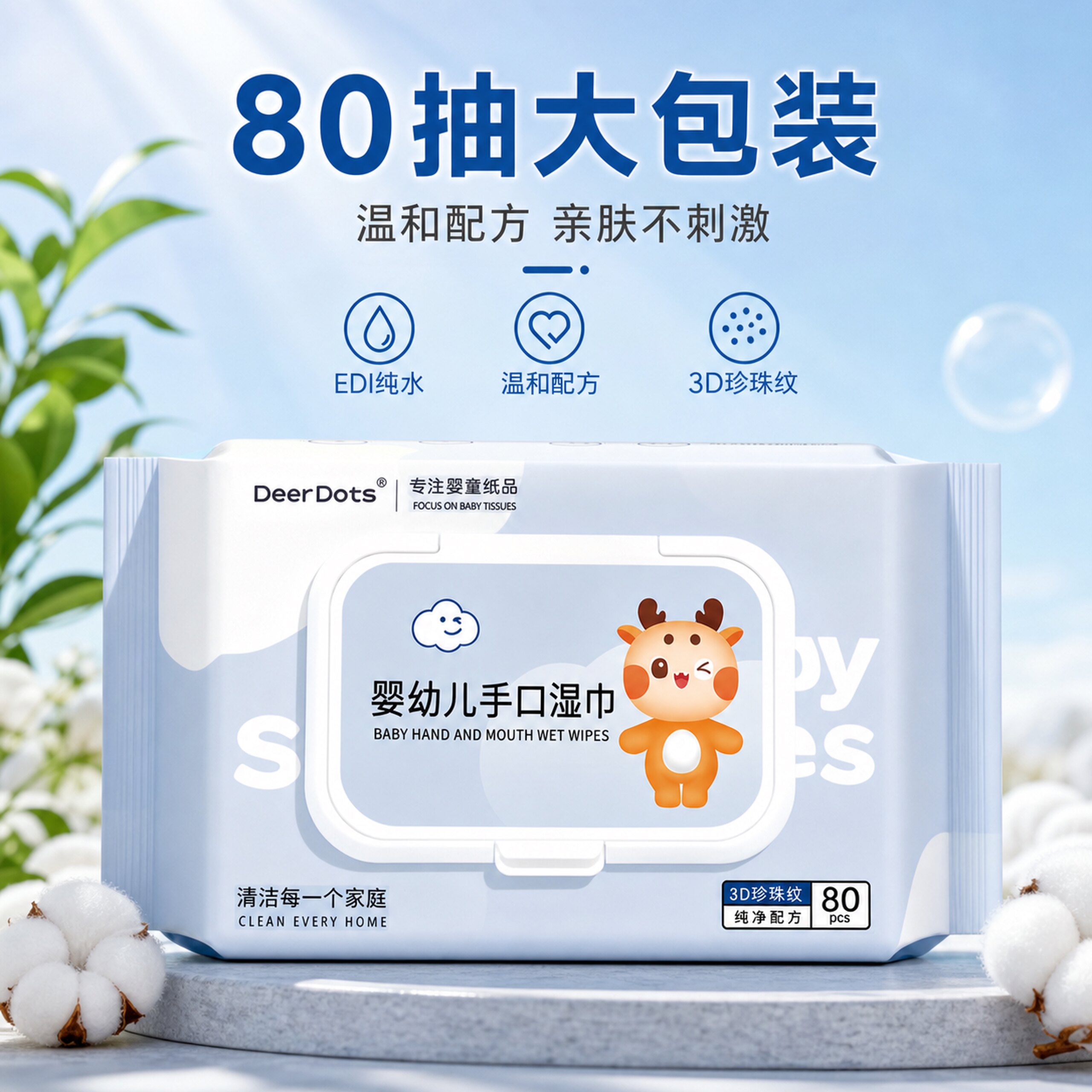 小鹿豆豆家用婴儿湿巾温和配方无刺激宝宝日常清洁便携抽取湿纸巾