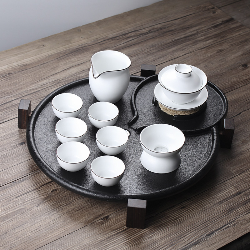 日式黑陶茶盘陶瓷茶台家用小茶台功夫茶具茶海茶盘排水式黑色茶盘