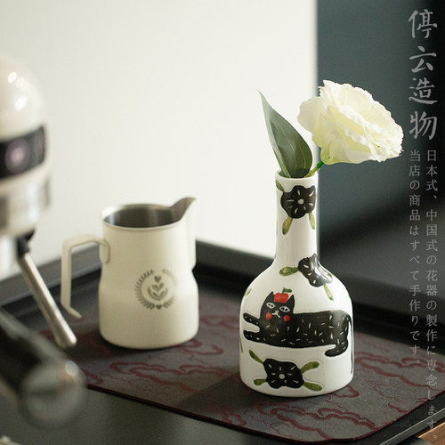 平安猫法式高级黑陶瓷小花瓶手绘可爱猫咪插花瓶乔迁婚房摆件装饰