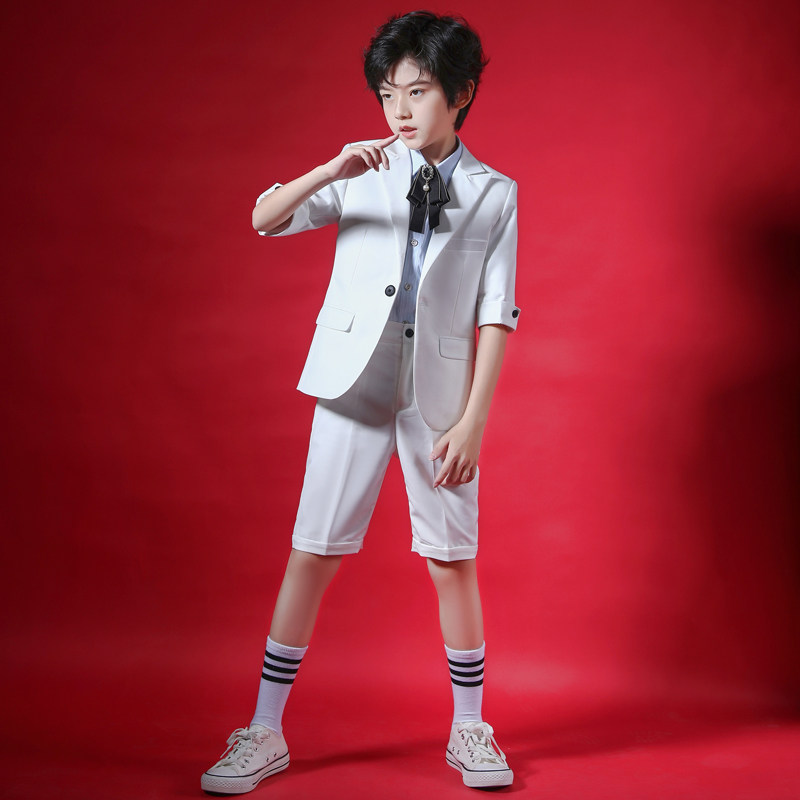 男童短袖西服白色舞台走秀西装花童生日礼服主持人钢琴演出服夏季