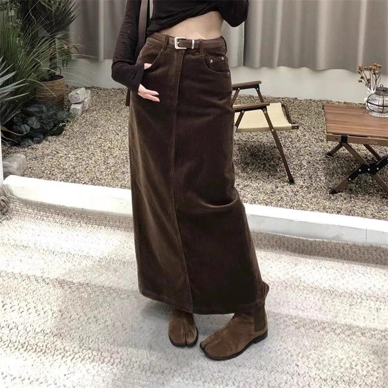 【送腰带】法式复古灯芯绒半身裙女秋冬季显瘦中长裙气质包臀裙子