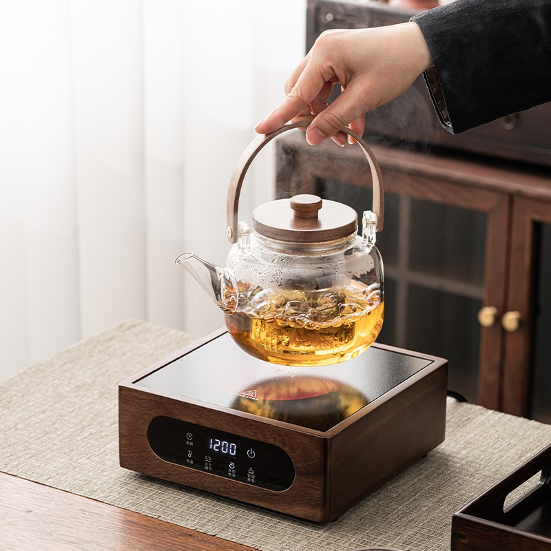 高档胡桃木电陶炉煮茶器蒸煮耐热玻璃烧水壶煮花果茶具家用煮茶壶