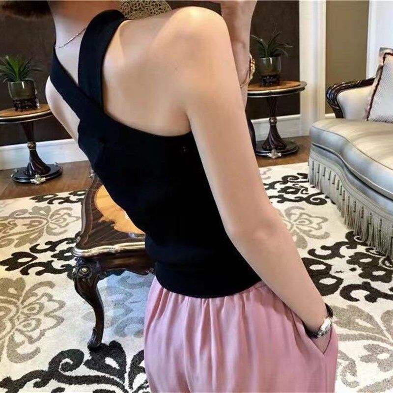 交叉挂脖针织小背心外穿夏款紧身显瘦美背吊带设计感无袖上衣女潮