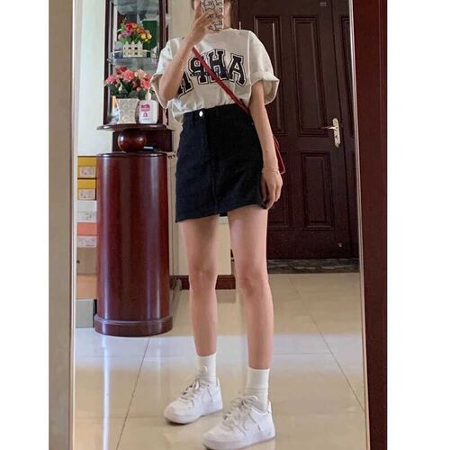 黑色牛仔短裙女夏季新款大码胖mm高腰显瘦a字梨形身材遮胯半身裙