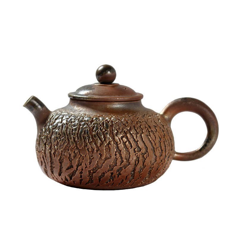 柴烧爆裂茶壶杯茶具纯手工拉胚天然柴火痕自然落灰球孔泡茶壶可养