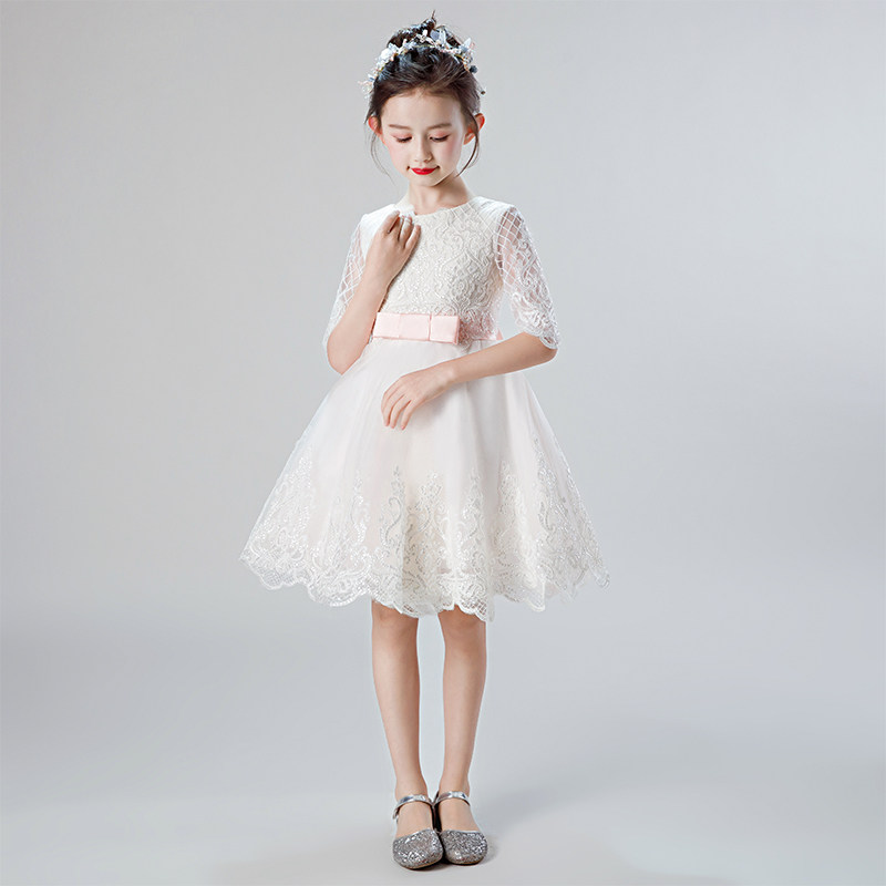 儿童礼服白色主持人公主裙花童钢琴演出服女童婚纱圣诞节蓬蓬纱裙
